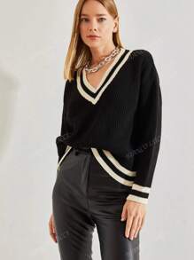 Women's V-Neck Knit Long Sleeve, Loose Fitting Sweater