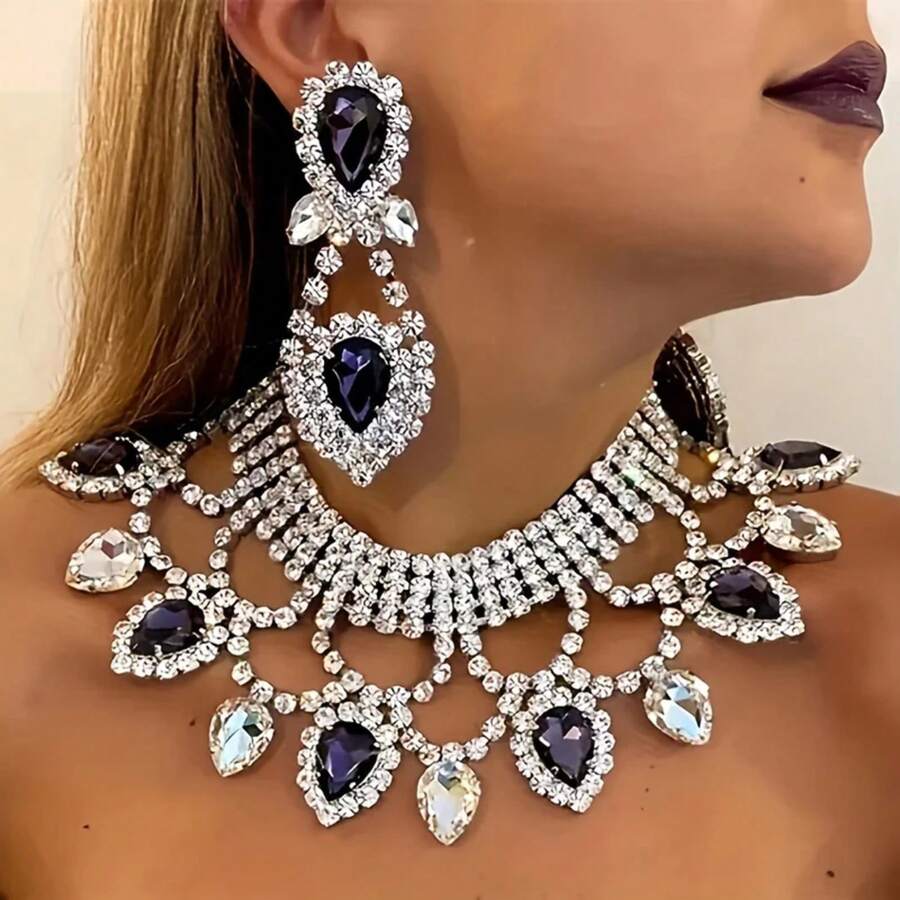 Conjunto de pendientes y collar de diamantes de imitación hechos a mano exagerados y exquisitos para mujer a, accesorios de joyería para vestido de baile de novia OJAZ - Amarillo Rojo - Ver 1