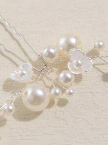 2pcs Resin Flower & Faux Pearl Decorated Casual Hair Clips, Suitable For Wedding, Daily Wear, Birthday Party