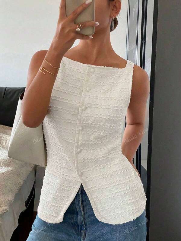 Elegante camisa sin mangas con cuello cuadrado para mujer, elegantes rayas onduladas, chaleco blanco, chaqueta premium, camisa de oficina para mujer