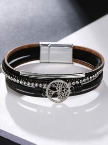 Bracelet de manchette style bohème en PU avec arbre de vie en cristal, convient pour les tenues de femme