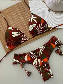 Printed Triangle Bikini With Double String Panties – Various Prints | S To XL - Printed Terracotta - View 2