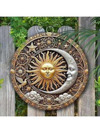 1 pièce de décoration murale ronde en métal avec thème soleil et lune, facile à accrocher pour intérieur/extérieur. Parfaite pour la maison, le bar, le garage, le café et le jardin. Décoration murale de style fermier durable, cadeau parfait pour les fêtes