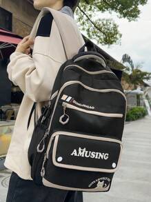 Casual Large Capacity Zipper Letter Cat Multi-Pocket Backpack, Unisex College Style Student Schoolbag Suitable For School, Shopping, Travel