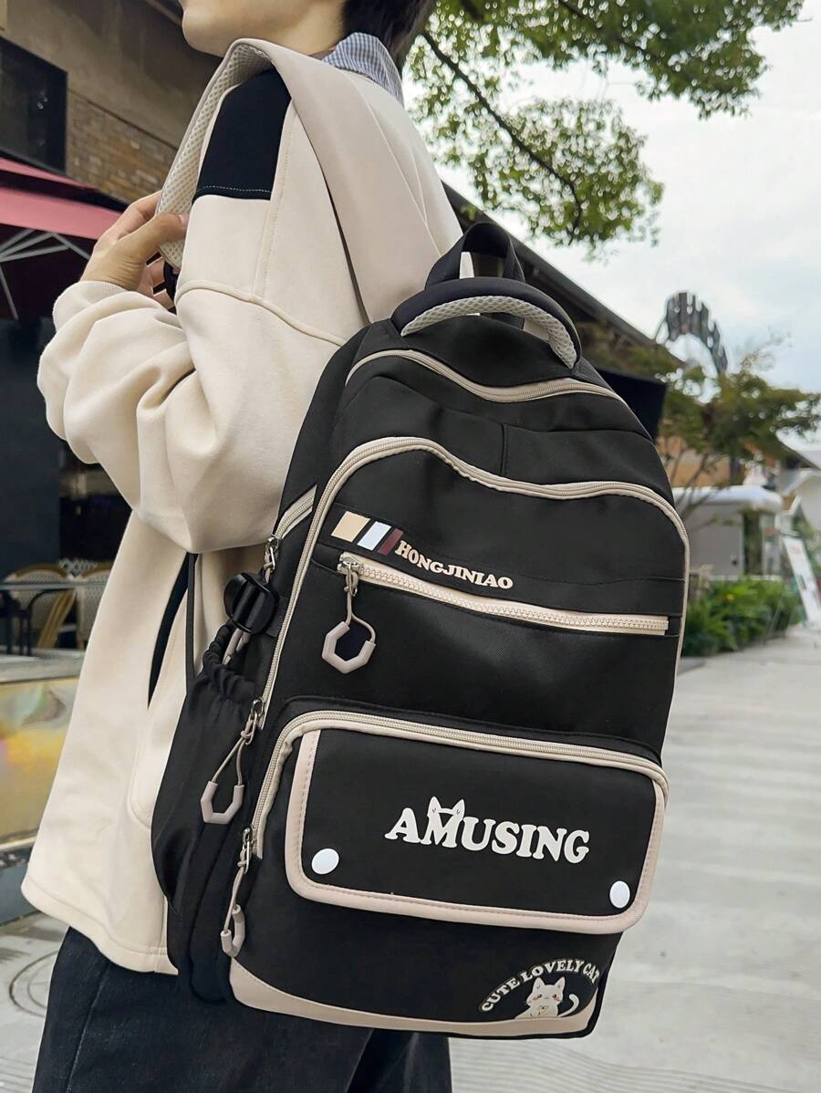 Casual Large Capacity Zipper Letter Cat Multi-Pocket Backpack, Unisex College Style Student Schoolbag Suitable For School, Shopping, Travel