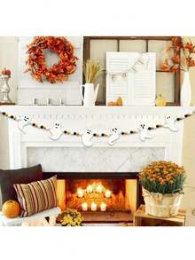 1 套 90.55 英寸万圣节鬼魂花环串珠装饰，黑色橙色白色串珠装饰，适用于万圣节装饰、壁炉、楼梯挂饰、毛毡鬼魂、花环、壁炉装饰、室内万圣节装饰 - 彩色 - 查看 2