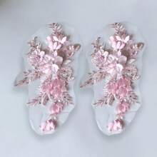 4/2pcs 3D Floral Lace Embroidered Appliques, Polyester With Shiny Sequins And Beads, Pink And White Flower Design, Suitable For Crafts, Wedding Bridal Decor, Home Decor, Art Supplies, Weaving, Embroidery Patches