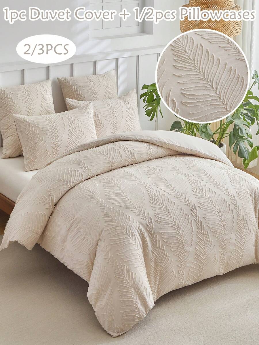 2/3pcs Khaki Leaves Pattern Tufted Polyester Duvet Cover Set, Modern Chic Cute Kids Bedding Set For All Seasons, Teens Comforter Cover Set, Soft& Breathable, Machine Washable,( 1 Duvet Cover+ 1/2 Pillowcases)
