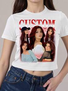 Customized Y2K Round Neck Short Sleeve Cropped T-Shirt, Customized Photo & Text Retro T-Shirt - White - View 2