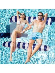 1pc 2-Person Inflatable Water Hammock Lounger, Striped Floating Mat With Mesh Design, Beach Essentials, Beach Accessories, Pool Float - Multicolor - View 1