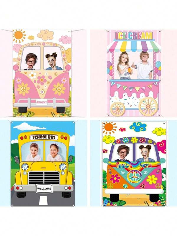 1pc Hippie Bus Photo Prop Groovy Party Decorations Back To Classroom Party Groovy Van Prop Hippie Selfie Frame Backdrop Background Banner Birthday Supplies Retro Daisy 60s 70s Party Favors Ice Cream Shoppe Photo Prop Backdrop