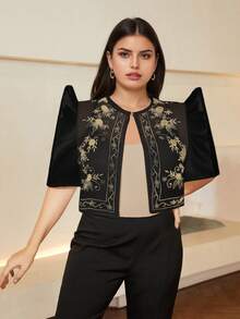 Amyenjoylife 1件装加大码女式现代菲律宾风复古印花泡泡袖上衣，蝴蝶袖菲律宾风春夏服装，现代优雅女式上衣，女式菲律宾风短外套，加大码黑色上衣 - 黑色 - 查看 4