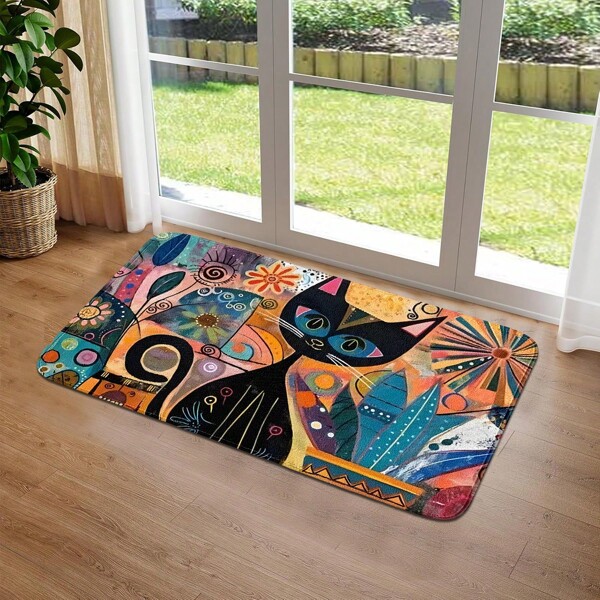 1pc Flannel Abstract Artistic Cat Pattern Floor Mat, Suitable For Garden, Patio, Bathroom, Kitchen, Entrance, Corridor, Machine Stitched Edge, Multiple Sizes Available, Bathroom/Rug/Bath Mat/Shower Mat/Bathroom Decor/Bathroom Accessories/Bathroom Carpet/Bathroom Accessory Set/Bathroom Decor Set/Carpet/Outdoor Rug/Doormat/Back To School Season