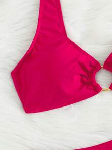 Bộ bikini 2 mảnh thanh lịch mới mùa hè 2026 dành cho nữ, thích hợp cho kỳ nghỉ hè, lễ tình nhân, lễ hội âm nhạc, đồ bơi liền thân màu trơn co giãn. - Màu Hồng Tươi - Xem 6