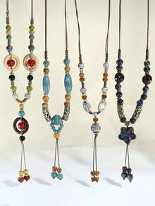 1pc New Exaggerated Bohemian Long Colorful Beaded Metal Asymmetrical Geometric Pendant Necklace Jewelry (The Product Material Is Ceramic, Which Will Be Heavier Than Regular Resin/Plastic)