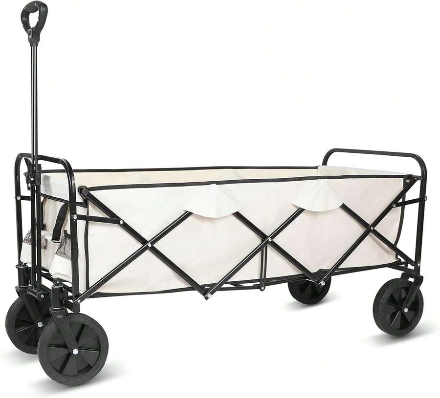 Extended Folding Utility Wagon, 330LBS Heavy Loaded Collapsible Garden Cart With Anti-Slip Wheels, Adjustable Handle And Side Pockets, Large, White, X-Large - White - View 1