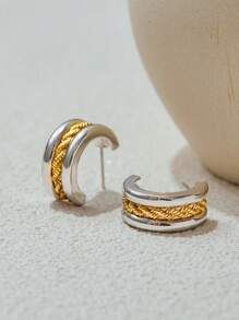 Fashion Classic Two Color Thread Three Layer C-Shaped Ear Studs Stainless Steel Fried Dough Twists Earrings Women's Jewel ﻿