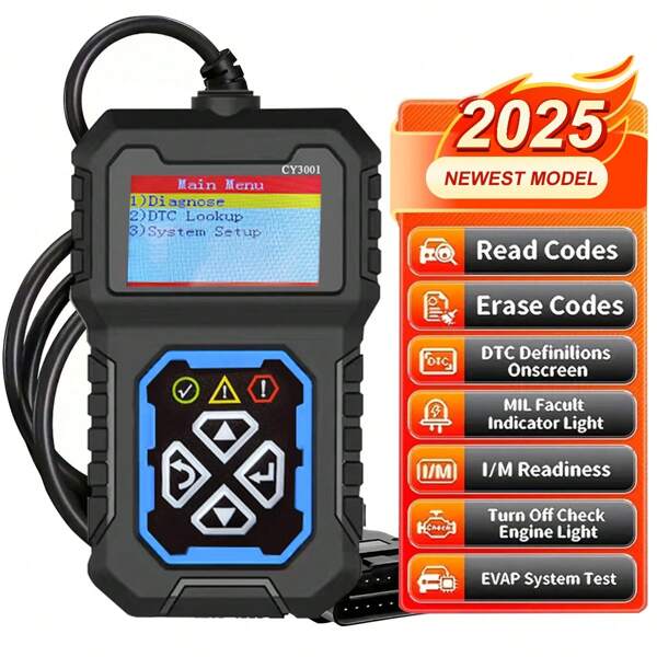 CY3001 OBDII Engine Fault Code Reader - 2025 New Model With 3-Step System Setup, Read/Erases Codes, I/M Ready, Turn Off Check & EVAP System Test For All OBDII Cars Since 1996, Automotive Diagnostics, Colorcoded Buttons, Durable Plastic Casing