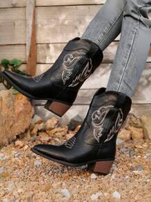 Pointed Toe Chunky Heel Embroidered Western Style Cowboy Boots, 2025 New Arrival, Retro British Style All-Match Boots, Fashion Boots For Women