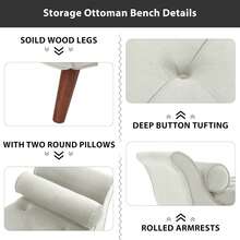 End Of Bed Storage Bench For Bedroom, 65" King Size Velvet Storage Bench With 2 Pillows, Upholstered Rolled Armed Button Tufted Sofa Ottoman Bench, Long Narrow Bench For Entryway (Begie) - Multicolor - View 6