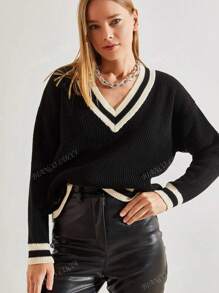 Women's V-Neck Knit Long Sleeve, Loose Fitting Sweater