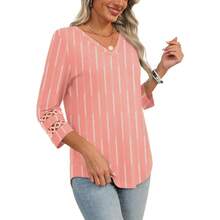 XIEERDUO 3/4 Length Sleeve Womens Tops Dressy Casual Blouses For Women 2025  V Neck T Shirts Summer Clothes - Z 粉紅色條紋 - 查看 4