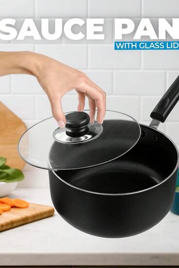 Kichly 2 Liter Nonstick Saucepan With Glass Lid [EXPRESS DELIVERY] – 18 Cm Multipurpose Induction-Ready Milk Pan For Home, Kitchen & Restaurant Cooking, Black Scratch-Resistant Copper-Coated Aluminum Pot For Sauces, Pasta, Vegetables, Reheating & Serving, Heat-Even 2-Layer Nonstick Interior, Ergonomic Bakelite Handle With Steam-Vent Lid, Stovetop Cookware, Easy-Clean Scratch-Proof Surface, Durable Everyday Casserole & Sauce Pot