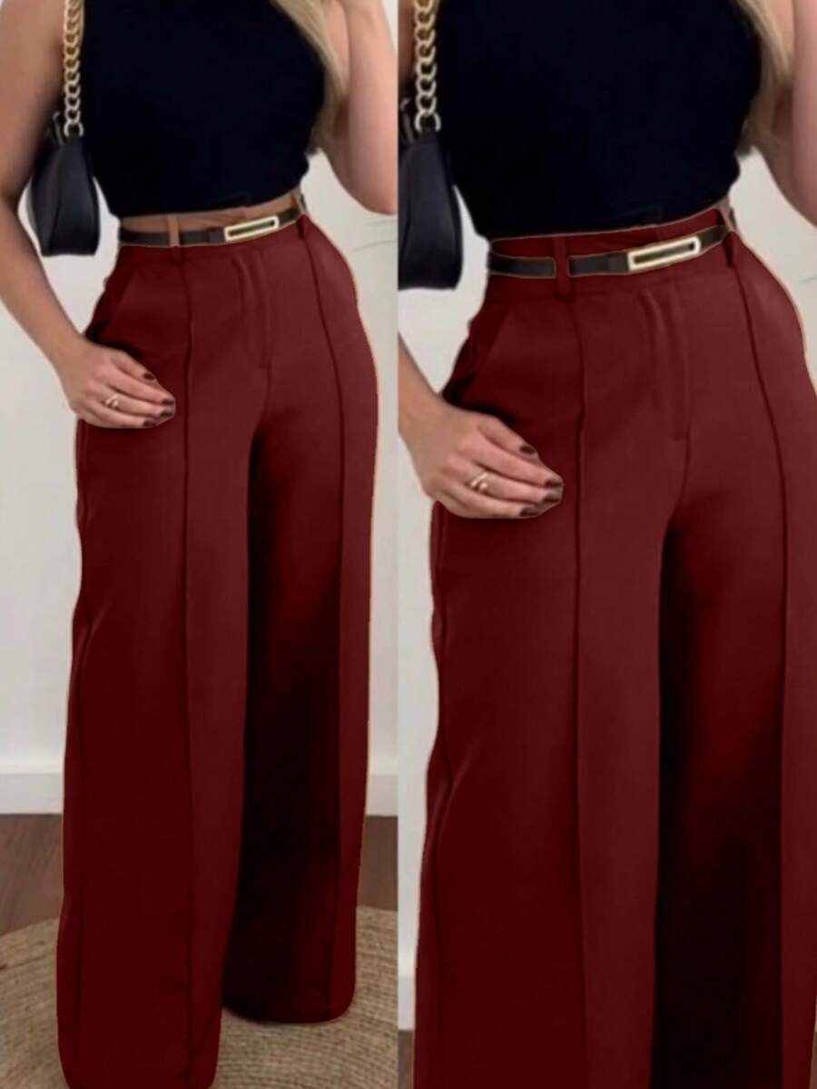 Women's Tailored Trousers With Belt - Burgundy - View 1
