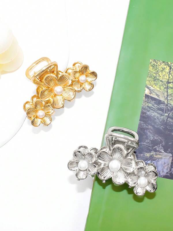 1 pieza Accesorio para el cabello estilo bohemio de aleación con flor aplastada, pinza media sencilla con perla, para mujeres y niñas, accesorios de moda para el cabello, pinza de belleza estilo boho