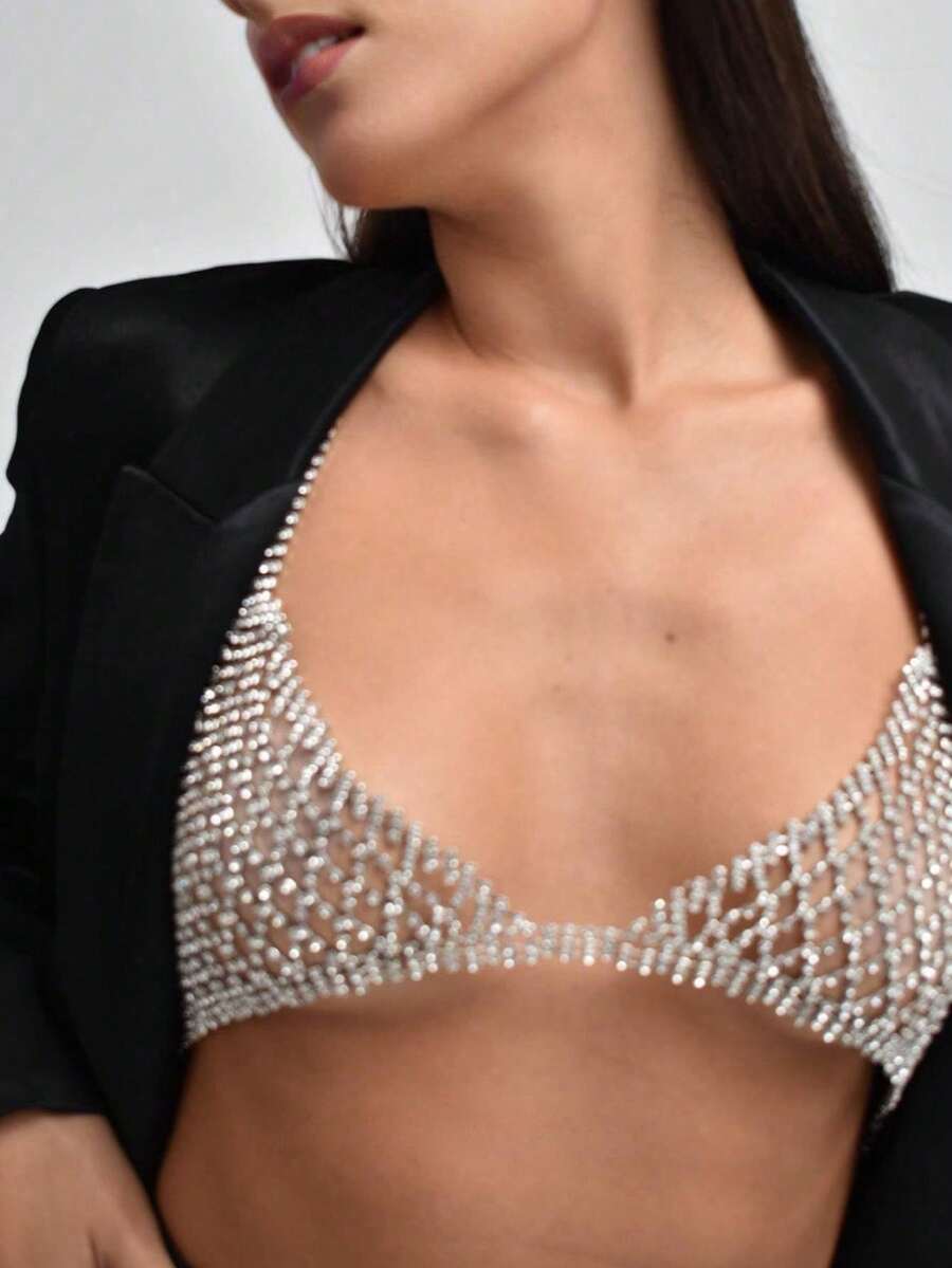 闪亮镂空水钻时尚身体链，个性化夜店比基尼配饰，女士 - 銀色 - 查看 1