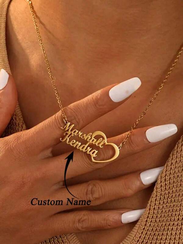 1 Stück personalisierte Herz-Kette mit zwei Namen, Edelstahl personalisierter Doppelnamen-Anhänger, Silberkette, Paarkette, Schmuckgeschenk für Frauengeburtstage