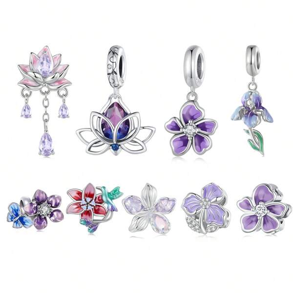 WOSTU 1 pièce Pendentif fleur de lotus en argent sterling 925 Élégante perle de charme de fleur violette avec procédé d'émail pour femme Bracelet DIY Bijoux de fête Cadeau