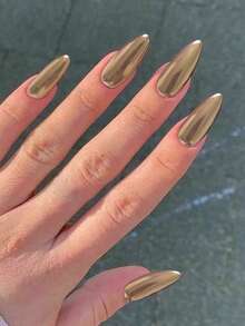 VV MEI JIA ER 24入組酷炫美甲大小杏仁形壓片假指甲，香檳金蟲紋假甲，金屬亞克力全套假指甲，專業指甲貼尖頭成人女士假指甲，含1片膠帶和1個甲片修整器指甲用品 - 金色 - 查看 3