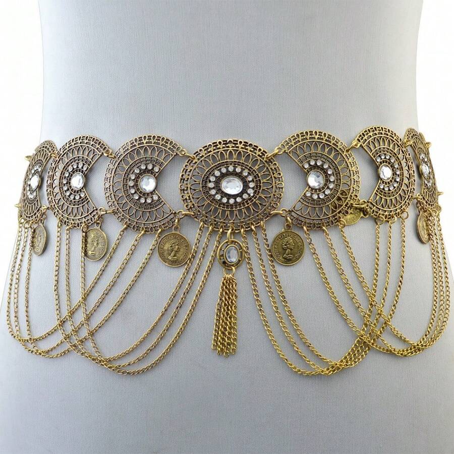 1pc Women's  Retro Style Hollow-Out Floral Waist Chain, New Dance Carving Coin Fringe Geometric Hanfu Accessory - 金色 - 查看 1