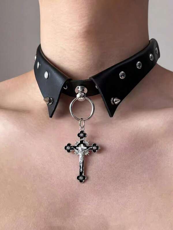 1pc Jesus Cross Rhinestone Rivet Faux Leather Gothic Metal Black Unisex Choker, Suitable For Party, Gathering, Banquet, And Accessory For Daily Outfit