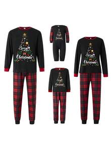 Family Matching Christmas Pajamas, Letter  Snowflake Print Long-Sleeved Tops + Plaid Trousers Sleepwear Outfits