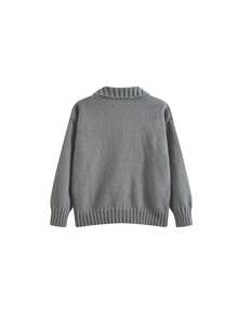 女士灰色翻领针织开衫，休闲宽松长袖毛衣上衣，秋冬 - 灰色 - 查看 6