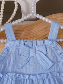 Baby Girls' Spaghetti Strap Ruffle Bow A-Line Cake Dress, Suitable For Everyday Outings, Spring/Summer