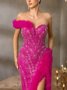 Faeriesty Faeriesty Luxury One-Shoulder Evening Gown With Back-Tie Closure & High Slit – Beaded Mermaid Dress Featuring Feather-Like Detailing And Textured Fish-Tail Hemline For Red Carpet Glamour | Perfect For Black-Tie Galas, Formal Charity Dinners, Exclusive Award Ceremonies, Opera Nights, And Premiere Events