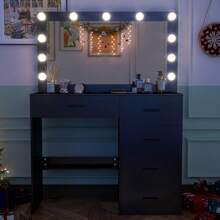 INS Style Premium Black Scandinavian-Luxurious Solid Wood LED Make-Up Mirror Table | One Piece Workstation + Large Drawer Storage | Girly Princess Make-Up Area | In Stock | Fast Delivery