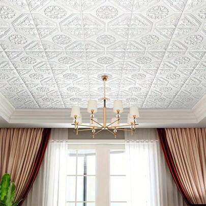 [Elegant 3D Floral Tiles] 20pcs 3D Floral Self-Adhesive Waterproof Ceiling Tiles | 13.78x13.78 Inches, Anti-Collision Decor For Bathroom & Bedroom, Elegant White Design With Golden Chandelier Hole