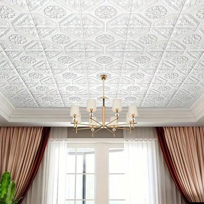 20片装3D立体花卉自粘防水天花板瓷砖 | 13.78x13.78英寸，防震装饰，适用于浴室和卧室，优雅白色设计，带金色吊灯孔