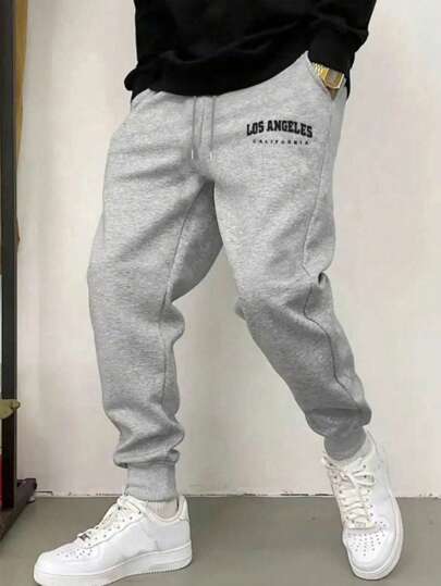 1PC Men's Drawstring Waist Solid Color Sweatpants Long Printed Sweatpants Plain Black Fitness Basics