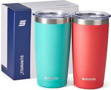 Travel Coffee Mug Set Of 2, 20 Oz Tumbler With Lid, Insulated Stainless Steel Cup For Water, Tea, Powder Coated Teal & Coral - 彩色 - 查看 6