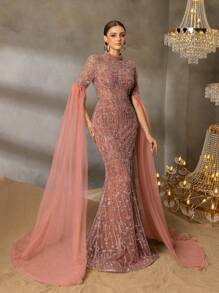Faeriesty Faeriesty Elegant High-Neck Evening Gown With Sheer Chiffon Sleeves, Thigh Slit & Mermaid Train - Structured Formal Dress For Red-Carpet Galas, Luxury Weddings, Black-Tie Events, Award Ceremonies, And Gala Dinners