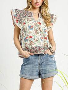 Women Y2K Floral Patchwork Fly Sleeve T Shirts V Neck Loose Fit Striped Trim Vest Shirts Summer Casual Going Out Tank Tops Party Streetwear - 黃色 - 查看 5