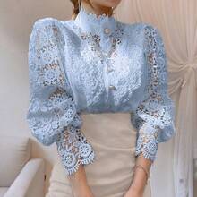 Women's Blouse Lace Blouse Puff Lantern Sleeve Solid Pleated Sleeve Women's Blouse, Women's Shirt With Hollow Out Buttons - 藍色 - 查看 2