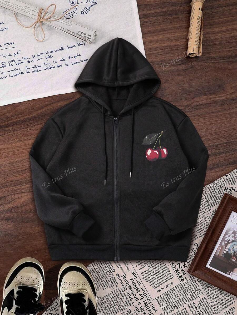 Felpa con cappuccio casual, semplice e alla moda, con stampa a "ciliegia", ampia e morbida, con zip frontale, adatta all'autunno e all'inverno, taglie comode