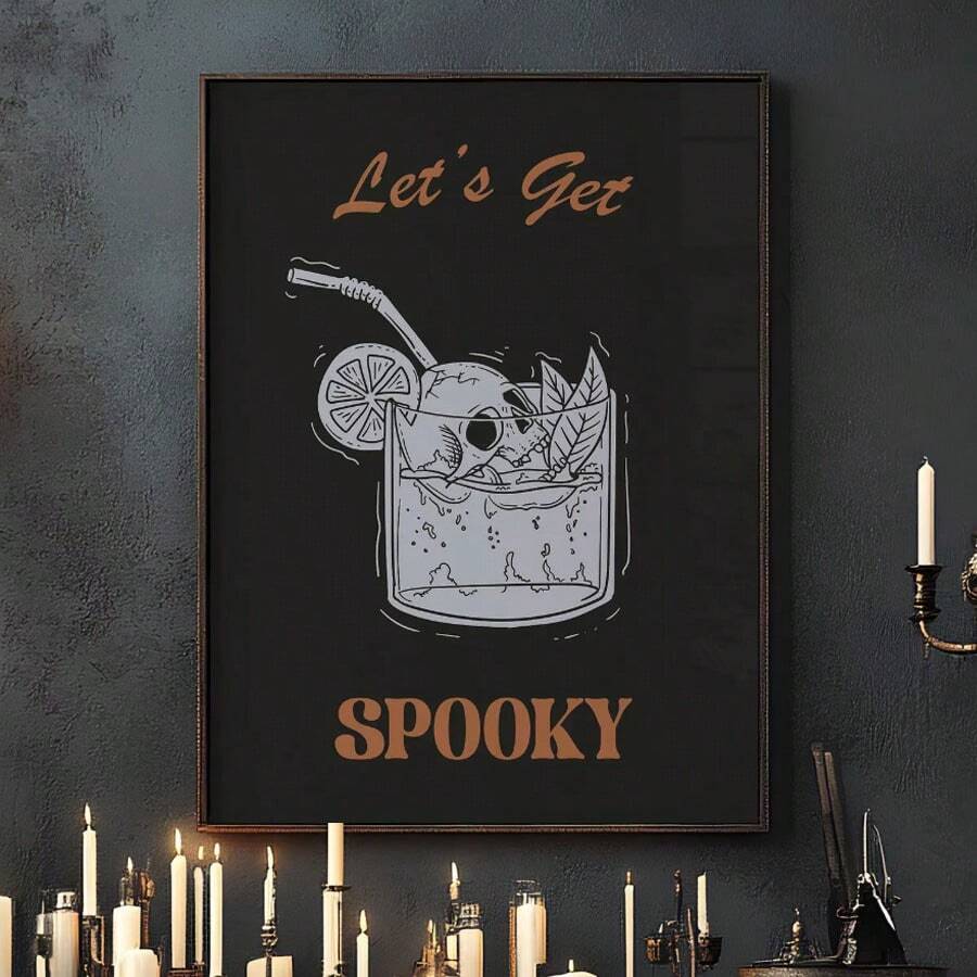 1 pieza Impresión en lienzo de un esqueleto con un Martini, Decoración sin marco para barra de Halloween, Arte de pared elegante de Halloween, Impresión de pared de cóctel de la temporada espeluznante