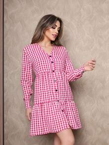 vestido xadrez manga longa novo moda  Xadrez    Tecido    Botões na frente - Fúcsia - Visão 4